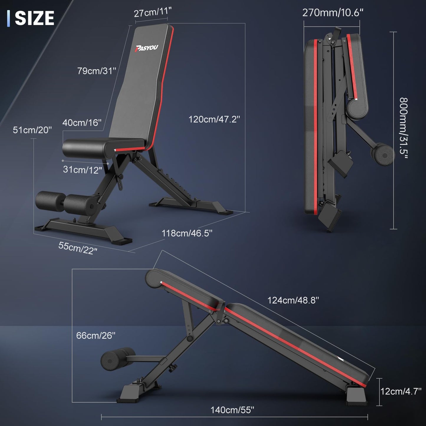 PASYOU Adjustable Weight Bench Full Body Workout Multi-Purpose Foldable Incline Decline Exercise Workout Bench for Home Gym