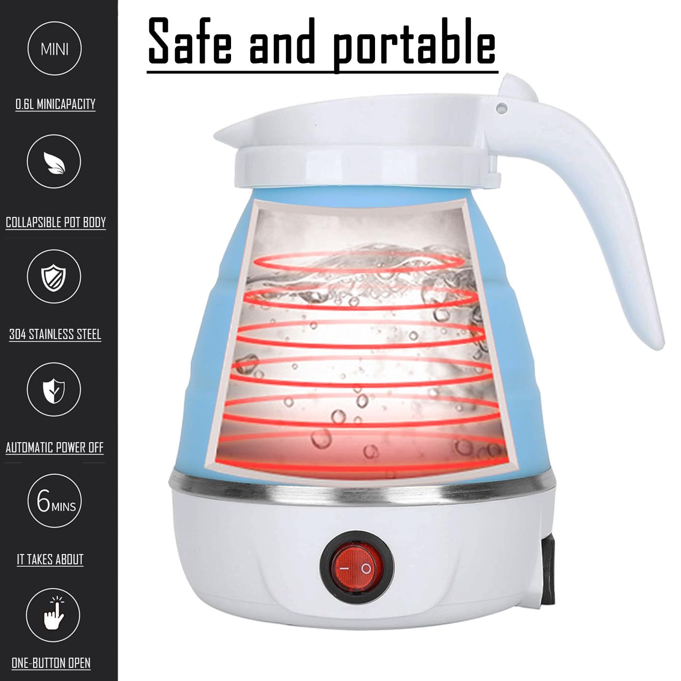 Travel Kettle Electric Small Foldable Portable Kettle,Silicone Collapsible Heating Water Boiler Tea Pot for Camping,Easy for Storage with Separable Power Cord (Blue pro)