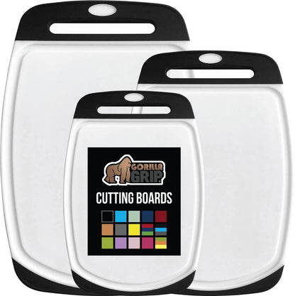 GORILLA GRIP BPA-Free Reversible Kitchen Cutting Board Set of 3, US Designed, Nonporous, Juice Grooves Catch Liquid, Slip Resistant Border, Dishwasher Safe, Durable Large Food Chopping Boards, Black