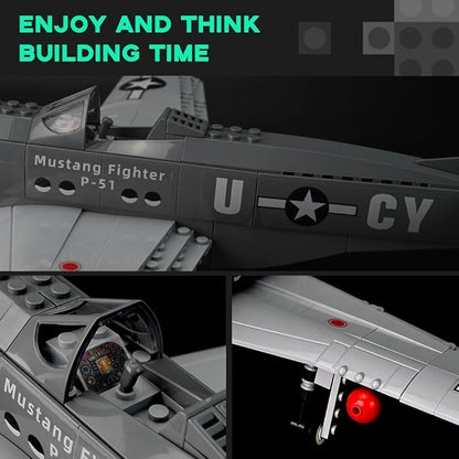 Air Force Series P-51 Mustang Fighter Airplane Military Building Set Adult Gift Compatible with Lego (258 Pieces)