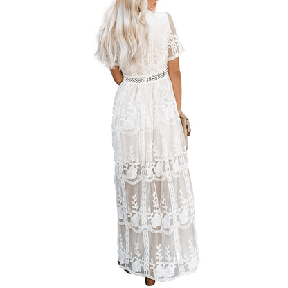Womens Deep V Neck Short Sleeve Floral Lace Dress Long Bridesmaid Maxi Dresses