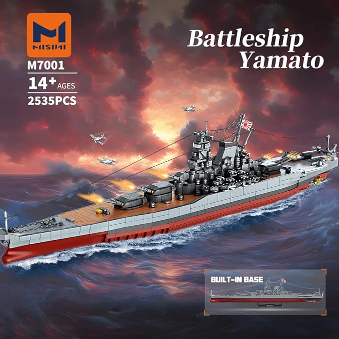 MISINI M7001 1:300 Japanese Yamato Battleship Building Blocks Set 2569 Pieces WWII Navy Ship MOC Toy Excellent Battleship Model Building Gift and Collection for Military Enthusiasts and Adults