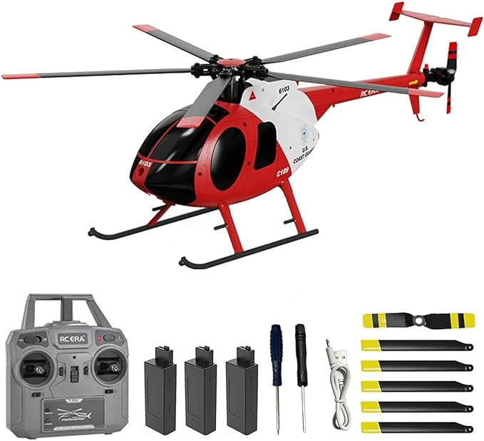 C189 Remote Control Helicopter 2.4G 6CH UAV 1:28 Brushless Motor RC Helicopter Single Blade Flybarless Remote Helicopter RTF with Optical Flow Localization 3 Battery - Red