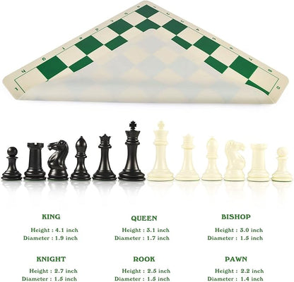 4 King Tournament Chess Set Foldable 20 Silicone Chess Board Mat with 2.2 Squares Green Color Weighted Chess Pieces- 2 Extra Queens Carrying Case for Storage and Travel
