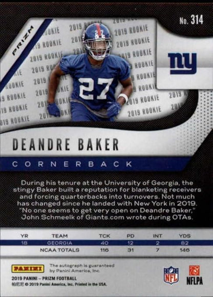 2019 Panini Prizm Neon Green Rookie Autograph #314 Deandre Baker RC AUTO New York Giants NFL Football Trading Card