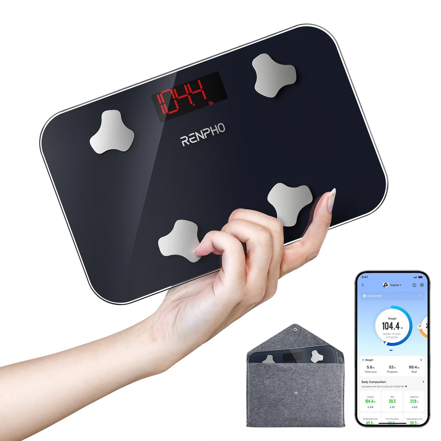 RENPHO Travel Scale for Body Weight, Mini Bathroom Scale for Body Fat, Portable Weight Scale for Traveling with Storage Case, 13 Body Composition Analyzer with App, 400 lbs, Elis Go, 11.02" x 7.09"
