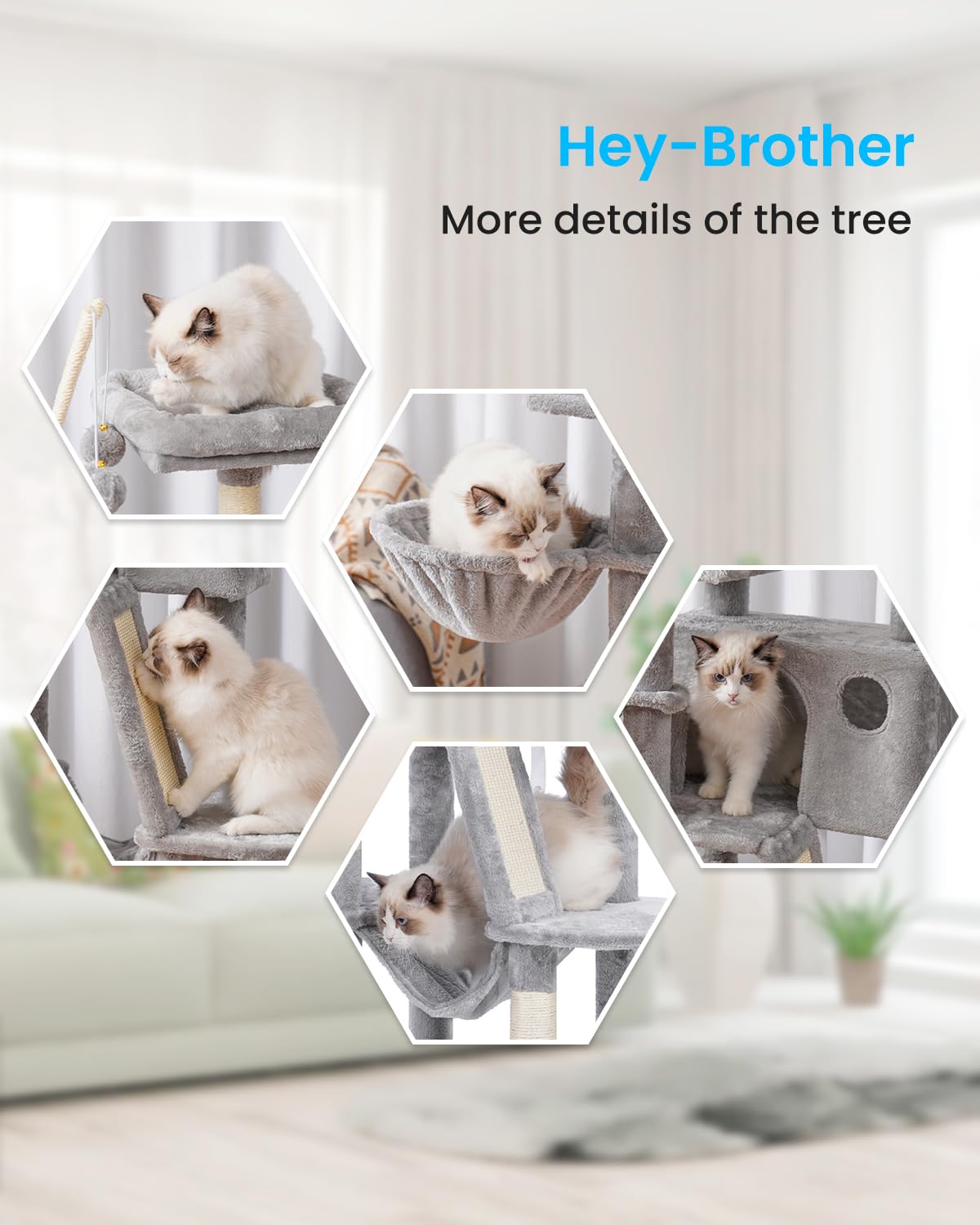 Hey-brother Cat Tree, 53 inch Cat Tower for Indoor Cats, Cat House with Padded Platform Bed, Toy Balls, Large Cozy Condo, Hammocks and Sisal Scratching Posts, Light Gray MPJ019-SW