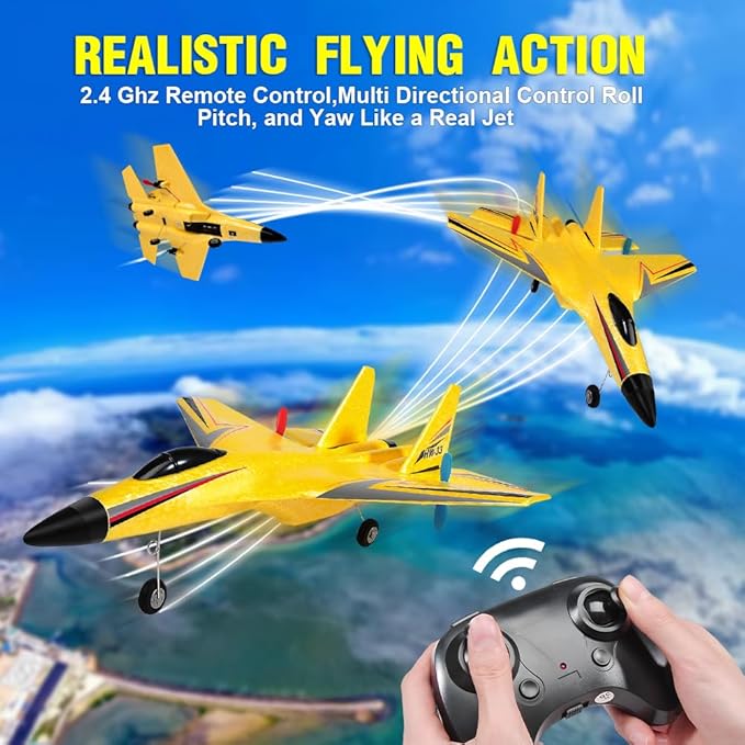 SU-27 RC Airplane2.4GHz 2 Channel Remote Control Plane with Gyro Night Lights and 2 Batteries Easy to Fly for Adults Beginners and Kids Yellow Toy
