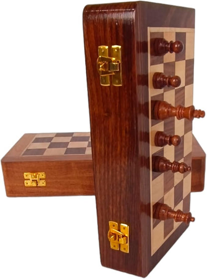 Personalized Wooden Chess Set | Magnetic Folding Travel Board with Storage Box &amp 2 Extra Queens (7 inch x 7 inch)