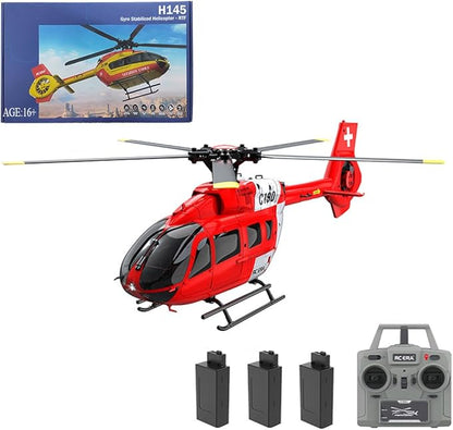 C190 Remote Control Helicopter for Adults 1:30 Scale H145 RC Helicopter 2.4G 6CH Single Propeller Aileron Free Optical Flow Positioning Six-axis Gyroscope Stabilization (Red White(3 Batteries))