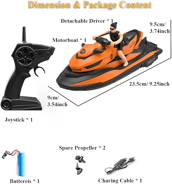 2.4GHz Remote Control Motorboat Toy 1 : 14 Jet Ski Model Toy 2 Motors Marine Motor Water Toy High Speed RC Motorboat Motor 2 Speed Level Boat Pool Toy with Detachable Driver (Orange)