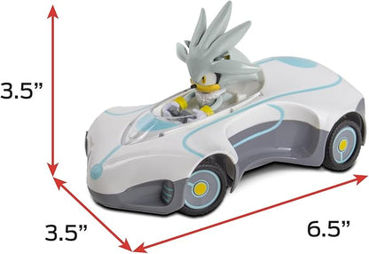 NKOK 1/28 Scale 2.4GHz RC Sonic 2PK RC Sonic &amp Silver Officially Licensed Full Function Radio Control Detailed 6.5” Vehicle and Character Grippy Tires Adjustable Front Wheels