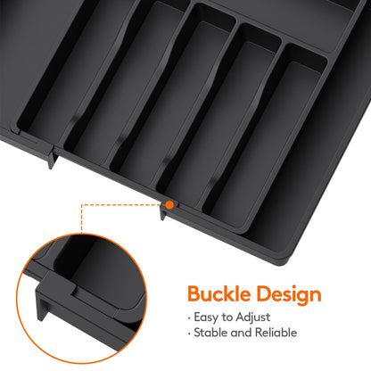 Lifewit Large Silverware Drawer Organizer, Expandable Utensil Tray for Kitchen, BPA Free Flatware and Cutlery Holder, Adjustable Plastic Storage for Spoons Forks Knives, Large, Black