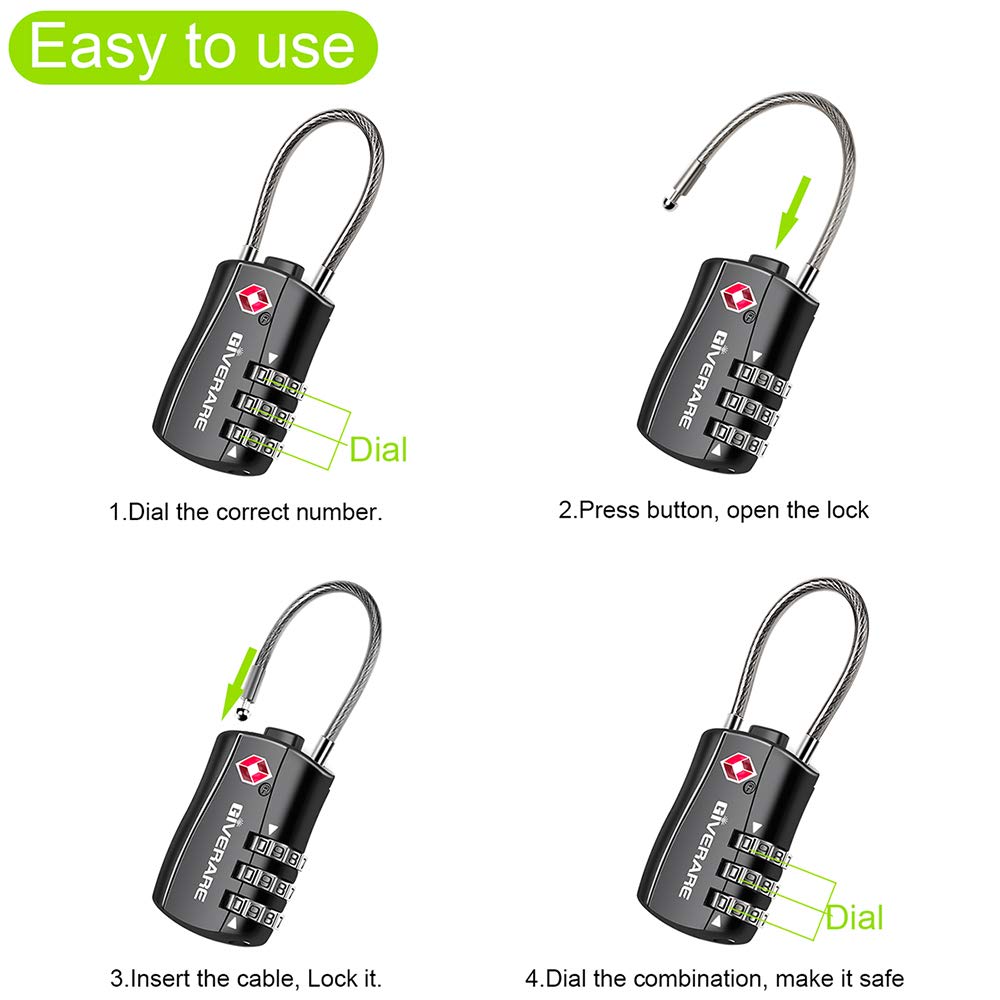 GIVERARE 2 PCS TSA Approved Luggage Locks, Combination Travel Cable Lock, Re-settable 3-Digit Padlocks with Alloy Body, Keyless Travel Sentry Accepted Padlock for Gym Locker, Golf Bag Case-Black