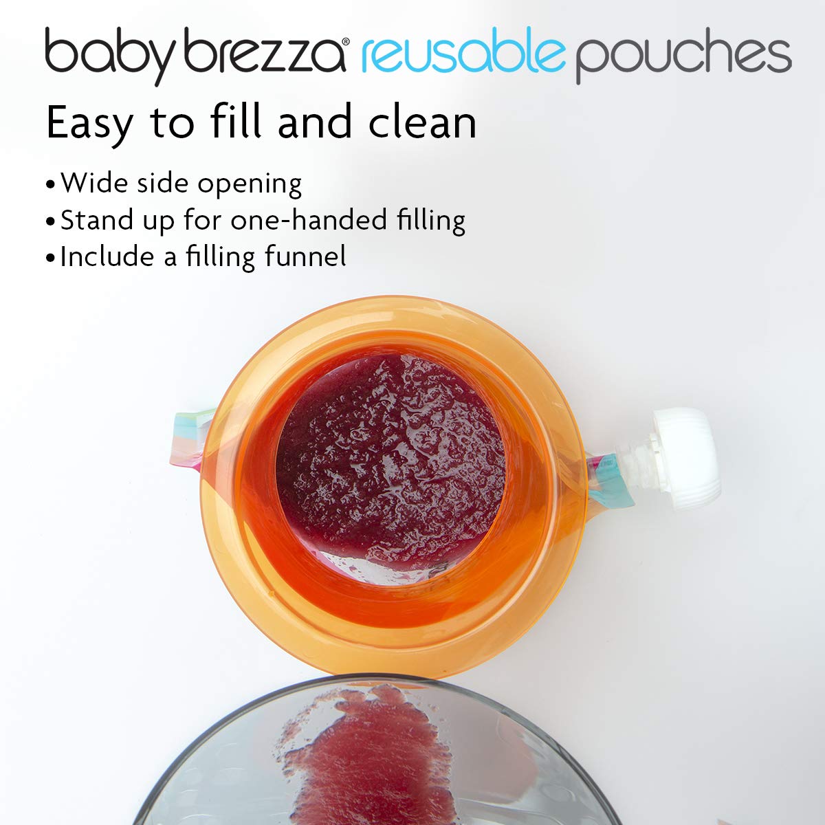 Baby Brezza Reusable Baby Food Storage Pouches, 10 Pack 7oz - Make Organic Food Puree for Kids or Toddlers and Store in Refillable Squeeze Pouches, Bulk Set is Freezer Safe & Washable