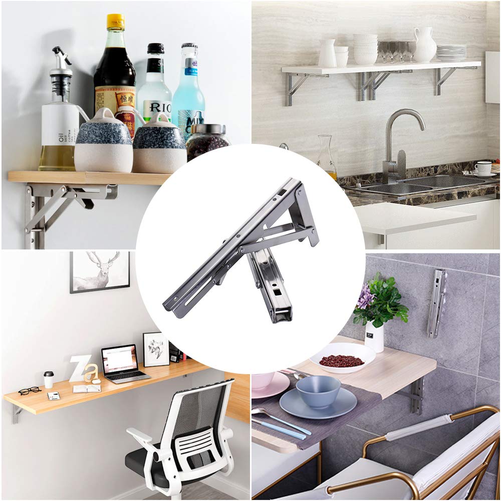 Storystore Folding Shelf Brackets - 10 Inch Heavy Duty Stainless Steel Collapsible Shelf Bracket for Bench Table, Space Saving DIY Bracket, Max Load: 550lb （2 PCS）