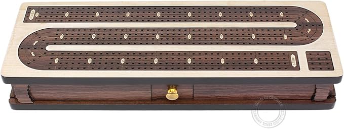 House of Cribbage - Continuous Cribbage Board Inlaid in Maple Wood/Rosewood - 4 Track - Separate Storage Space for Two Deck of Cards &amp Pegs