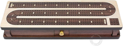 House of Cribbage - Continuous Cribbage Board Inlaid in Maple Wood/Rosewood - 4 Track - Separate Storage Space for Two Deck of Cards &amp Pegs
