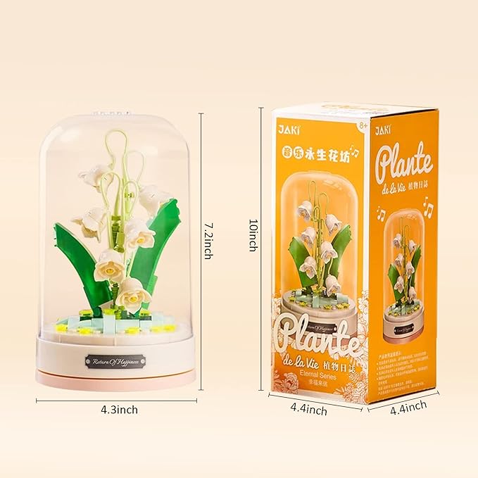 Building Blocks Flowers Bouquet Set with Music Box and Dust-Proof DomeArtificial Particle Flower Collection Construction Building Bricks ToyHome Decor (Lily of The Valley)