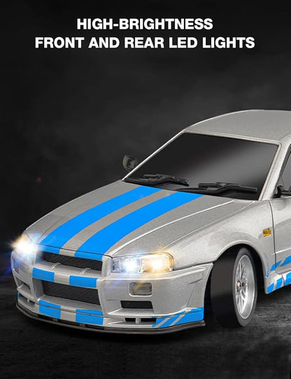 LD1899 1/18 Scale RC Drift Car GTR R34 2.4GHz RWD Mini Model Car with Gyro Alloy Body Shell Racing Cars for Adults Toys (Blue)