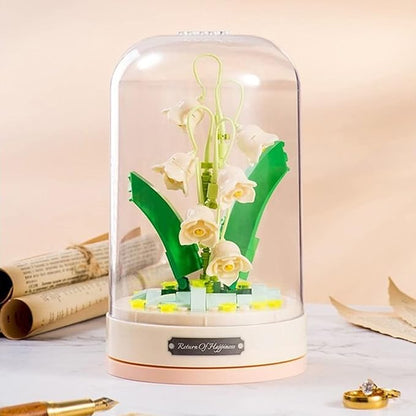 Building Blocks Flowers Bouquet Set with Music Box and Dust-Proof DomeArtificial Particle Flower Collection Construction Building Bricks ToyHome Decor (Lily of The Valley)