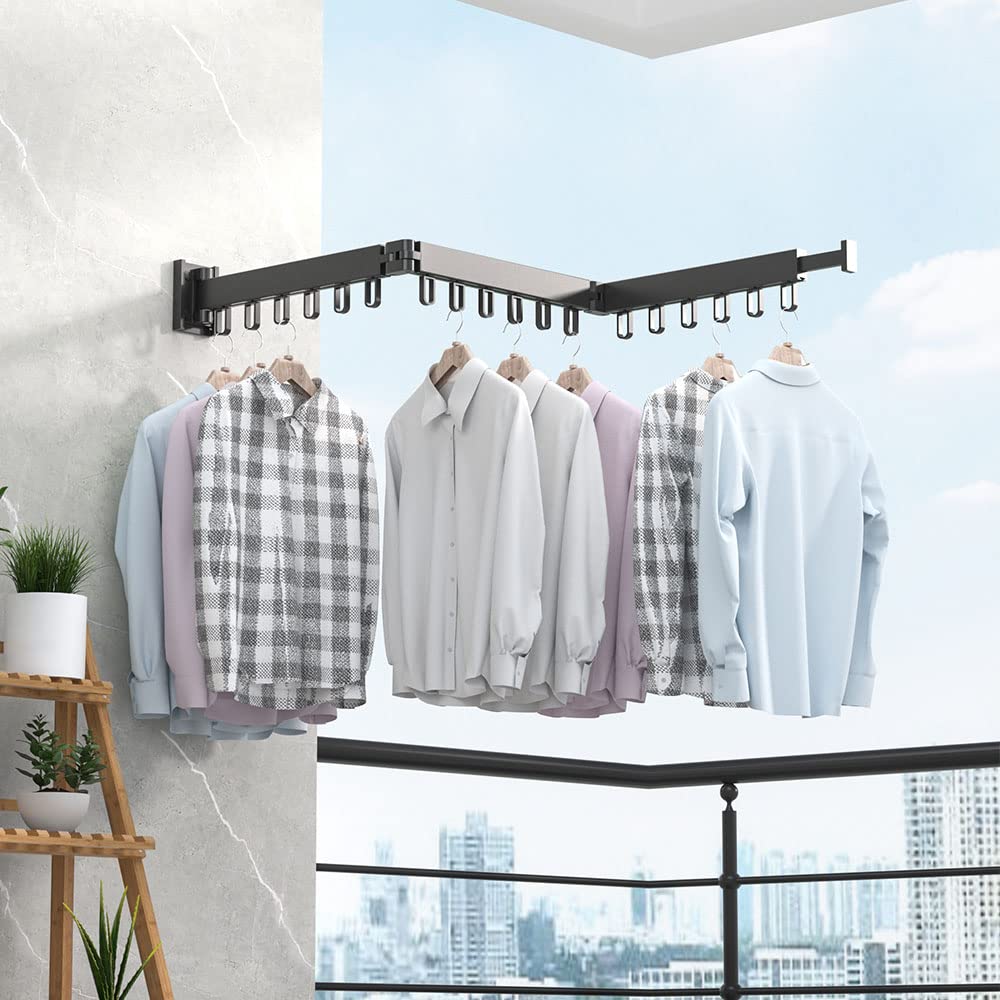 Clothes Drying Rack Wall Mounted, Retractable Garment Rack with Hooks, 360° Rotating Tri-Collapsible Laundry Clothes Drying Rack for Balcony, Laundry, Bathroom （black）