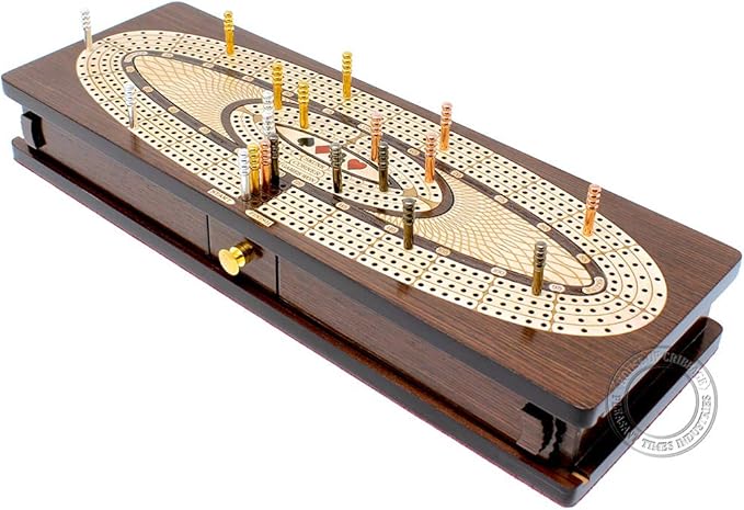 House of Cribbage - Continuous Cribbage Board/Box Inlaid in Wenge Wood/Maple : 4 Track - Sliding Lids Drawer &amp Metal Pegs with Score Marking Fields for Skunks Corners and Won Games