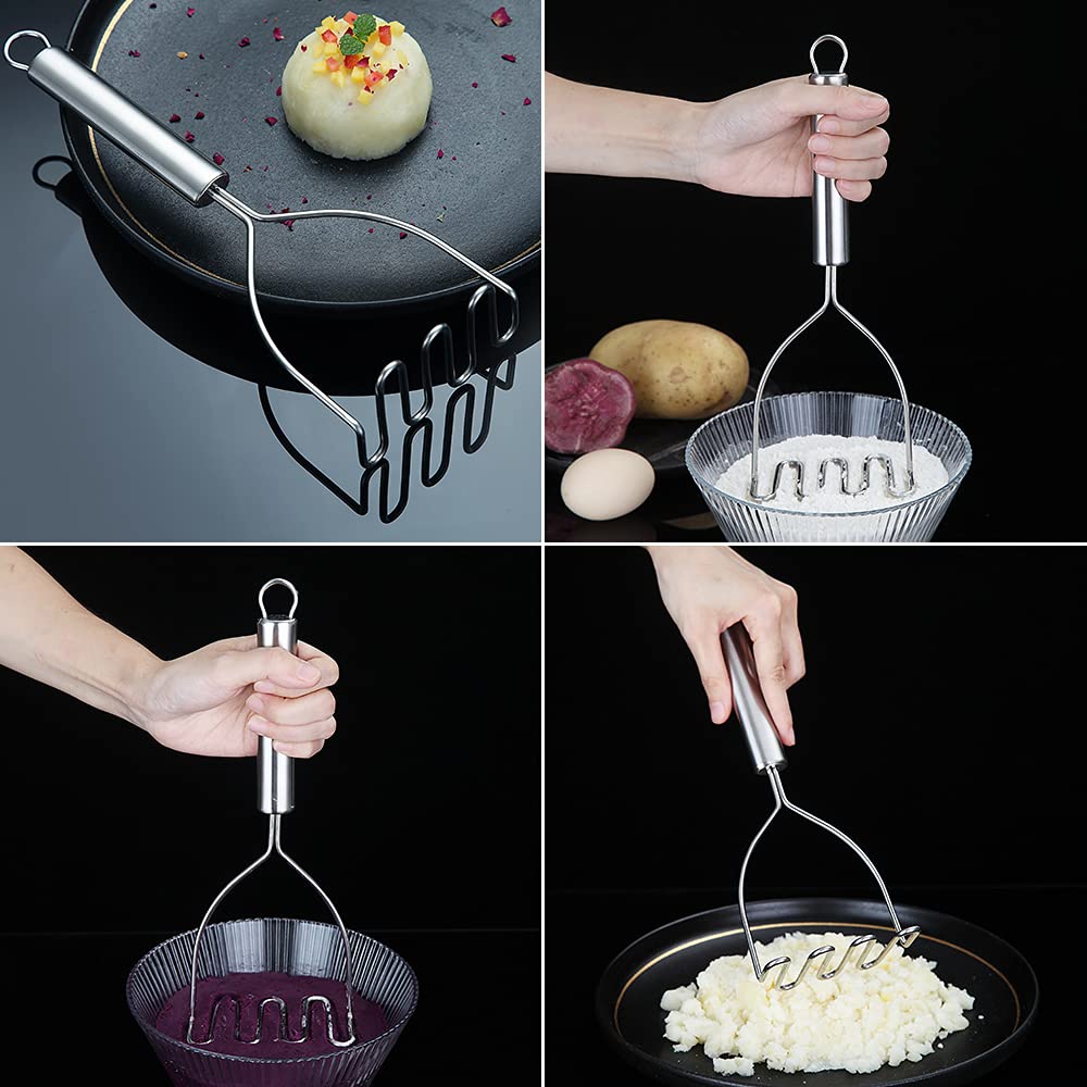 Potato Masher, Stainless Steel Heavy Duty Metal Potato Ricer With Mirror Polish, Food Masher Utensil, Hand Masher, Vegetables Fruits Mashe, Dishwasher Safe (9.6 Inch)