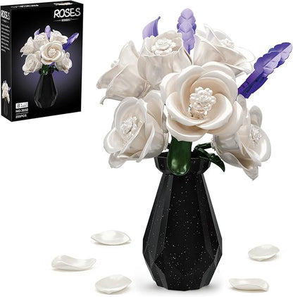 White Roses Flowers Bouquet Building Set with Vase 256 Pcs Artificial Botanical Collection with Purple Accents Floral Centerpiece Home Decor Gift for Adults