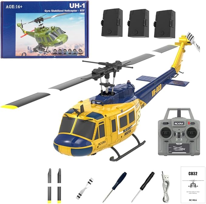 C032 UH-1 Huey RC Helicopter for Adults 1/48 Scale 2.4G 6CH Flybarless Stunt RC Plane 6-Axis Gyroscope Optical Flow Positioning TOF Lidar Height Setting for Beginners (Yellow-blue(3 Batteries))