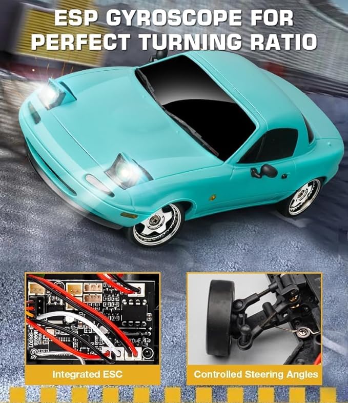 LDRC 1804 1/18 Scale Mini RC Drift Car with Gyro LED Lights RWD Full Proportional 2.4GHz Remote Control Racing Sport Drift Car Indoor Gift for Adult - RTR Version / 2 Battery