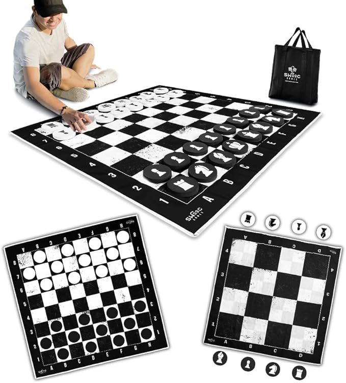Swooc Games - 3-in-1 Giant Chess Checkers &amp Chess Tac Toe Game with Mat (4ft x 4ft) - Machine-Washable Canvas &amp 5 Big Foam Discs - Giant Chess Set Outdoor &amp Checkers Board Game for Adul