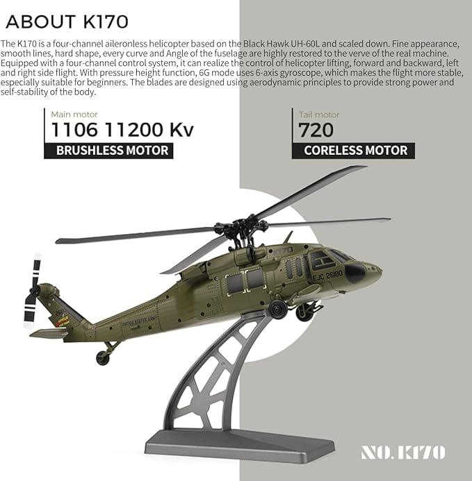 K170 UH60L Remote Controlled Helicopter for Adults RC Aircraft Plane 2.4Ghz 4CH RC Helicopter Heli Aileronless 6-Axis Gyroscope Altitude Hovering (3 Batteries)