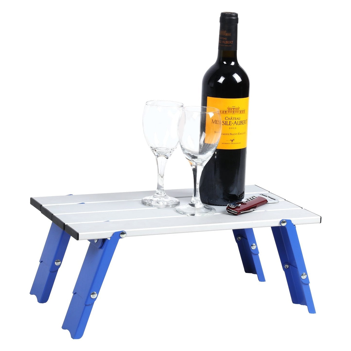 PORTAL Folding Mini Small Beach Table, Portable Aluminum Beach Table with Retractable Legs and Carry Bag for Outdoor Picnic/Cooking/Camp/Travel/Beach,15" L x 8" W x 6" H, Silver/Blue