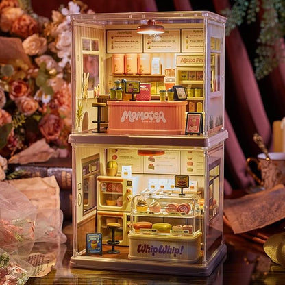 Cat Living Room DIY Miniature House Building Toy Dollhouse Set with LED Creator Playset Suitable for Mini Figures Construction Toys Diorama Kit Gifts for Adults