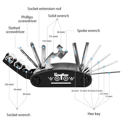 WOTOW Bike Repair Tool Kit, 16 in 1 Bicycle Multitool with Tire Levers Hex Spoke Wrench, Multi Function Accessories Set for Road Mountain Bikes