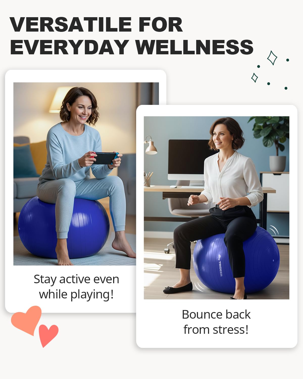 Trideer Extra Thick Yoga Ball Exercise Ball, 5 Sizes Gym Ball, Heavy Duty Ball Chair for Balance, Stability, Pregnancy, Quick Pump Included