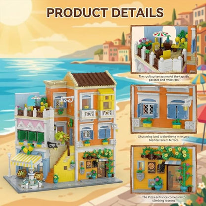 Italian Street View Building Blocks Set - 3-Story Pizza Shop &amp Lemon Store Modular Bricks with Fountain &amp Balcony Details 4017 Pieces for Adults &amp Teens Collectible Architecture Model Ki