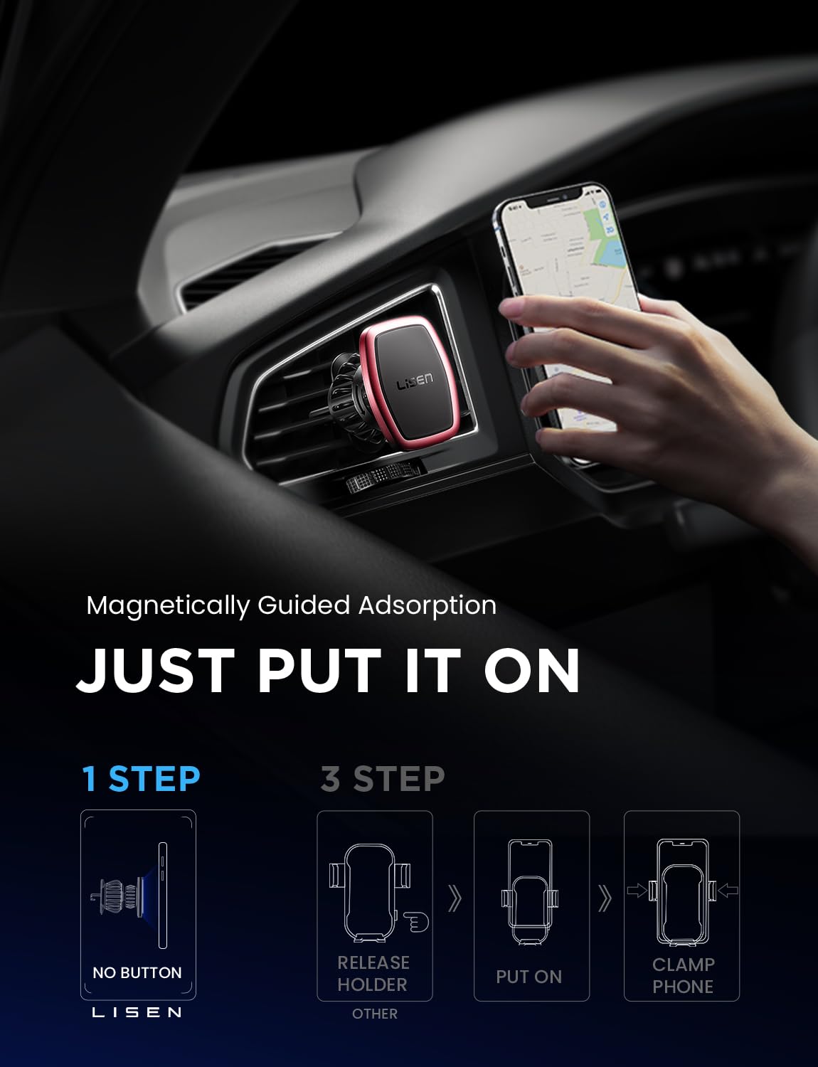 LISEN 2 Pack Magnet for Phone Car Mount Magnetic Phone Holder for Your Car Vent 6 Military Magnets Vent Cell Phone Holder Mount for Car Plate Fit All iPhone 16/15/14/13 Pro Max Plus Samsung S25
