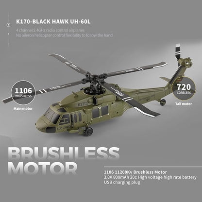 K170 UH60L RC Helicopter Remote Controlled Helicopter for Adults Beginners 2.4G 4CH RC Plane 6-Axis Gyroscope Altitude Hovering Military Aircraft Aileronles (3 Batteries)