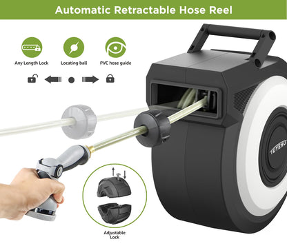 Tuyeho Retractable Garden Hose Reel 100FT, Wall Mount Heavy Duty Water Hose Reels with Automatic Slow Rewind System, Outdoor Hoses Reel with 2 Hose Nozzles for Garden Watering, Car Wash, Pet Shower