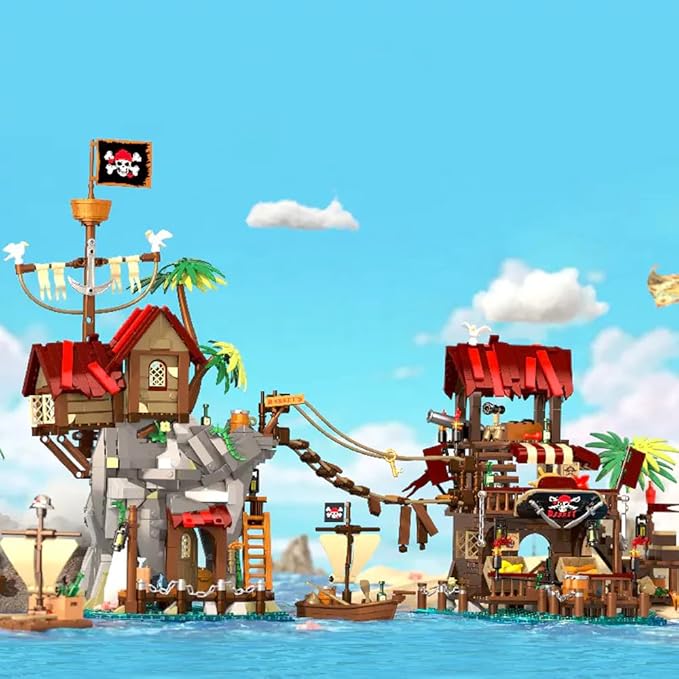 Viking Medieval Pirate's Bay Market Ship Wharf Building Set House Building Block Toy Medieval Architecture Bricks KitGift for Women or Adult 856pcs