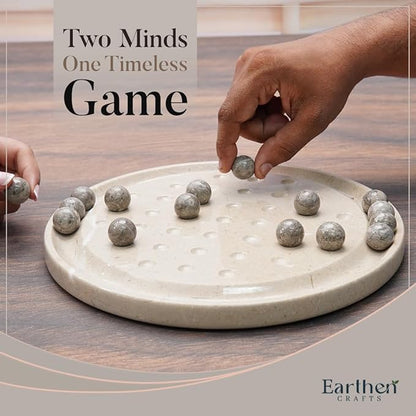 Marble Peg Solitaire Board Game 10 Inches Beige One Player Game Brain Teaser Puzzle with Oceanic Balls Tabletop Game for Family Only