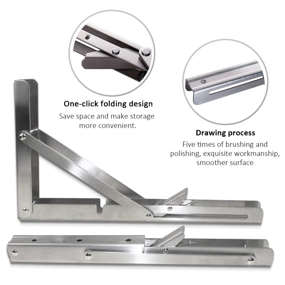 Storystore Folding Shelf Brackets - 10 Inch Heavy Duty Stainless Steel Collapsible Shelf Bracket for Bench Table, Space Saving DIY Bracket, Max Load: 550lb （2 PCS）