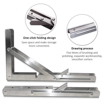 Storystore Folding Shelf Brackets - 10 Inch Heavy Duty Stainless Steel Collapsible Shelf Bracket for Bench Table, Space Saving DIY Bracket, Max Load: 550lb （2 PCS）