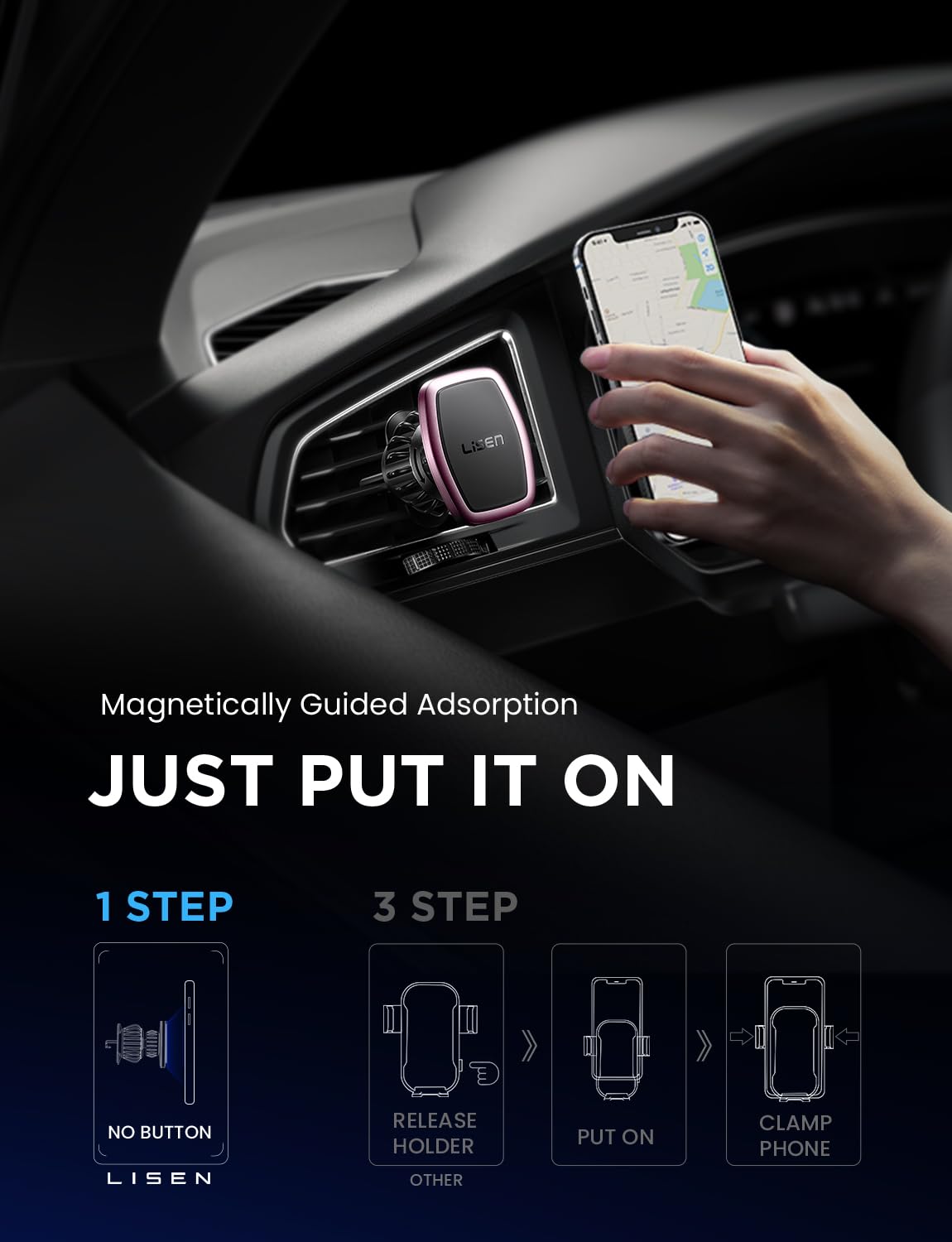LISEN 2 Pack Magnet for Phone Car Mount Magnetic Phone Holder for Your Car Vent 6 Military Magnets Vent Cell Phone Holder Mount for Car Plate Fit All iPhone 16/15/14/13 Pro Max Plus Samsung S25