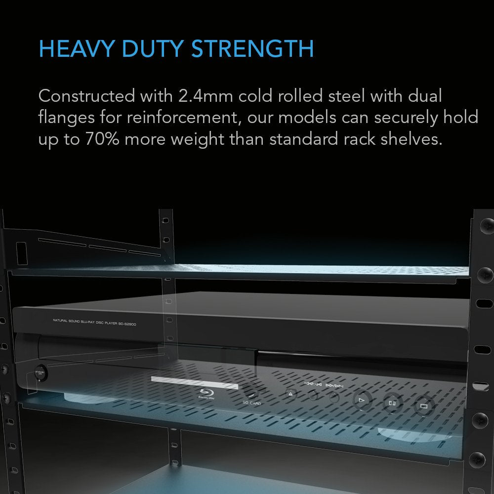 AC Infinity Vented Cantilever 1U Universal Rack Shelf, 10" Deep, for 19” Equipment Racks. Heavy-Duty 2.4mm Cold Rolled Steel, 60lbs Capacity
