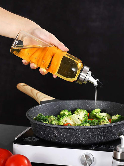 Olive Oil Dispenser Bottle, Liquid Condiment Container, 10 Oz Vinegar Dispensing Cruets With Dripless Capped Spout, Glass Decanter for Kitchen with Degree Scale