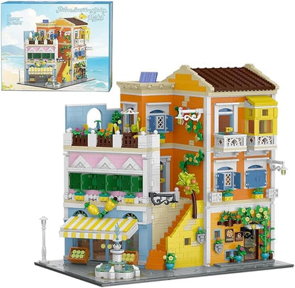 Italian Street View Building Blocks Set - 3-Story Pizza Shop &amp Lemon Store Modular Bricks with Fountain &amp Balcony Details 4017 Pieces for Adults &amp Teens Collectible Architecture Model Ki