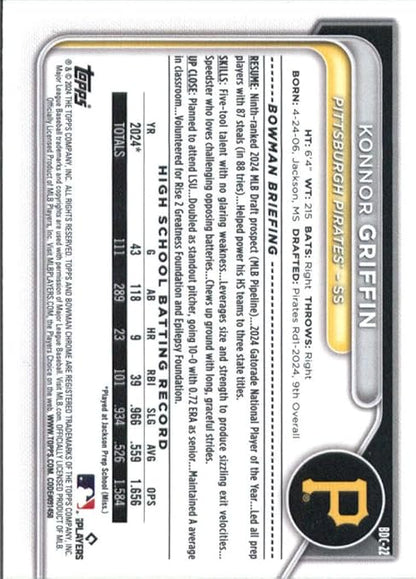 2024 Bowman Chrome Draft #22 Konnor Griffin Pittsburgh Baseball Card - Sportscard Superstore